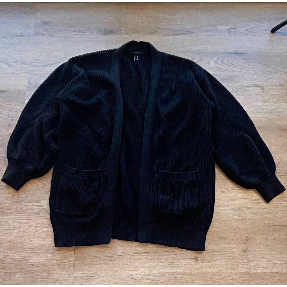 FOREVER 21 Sweater Womens L Black Rib-Knit Open Front V-Neck Cardigan Pockets